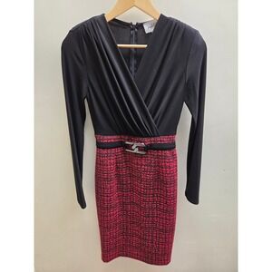 Joseph Ribkoff Women Black Red Tweed Sheath Dress Long Sleeve Surplice V-Neck 2